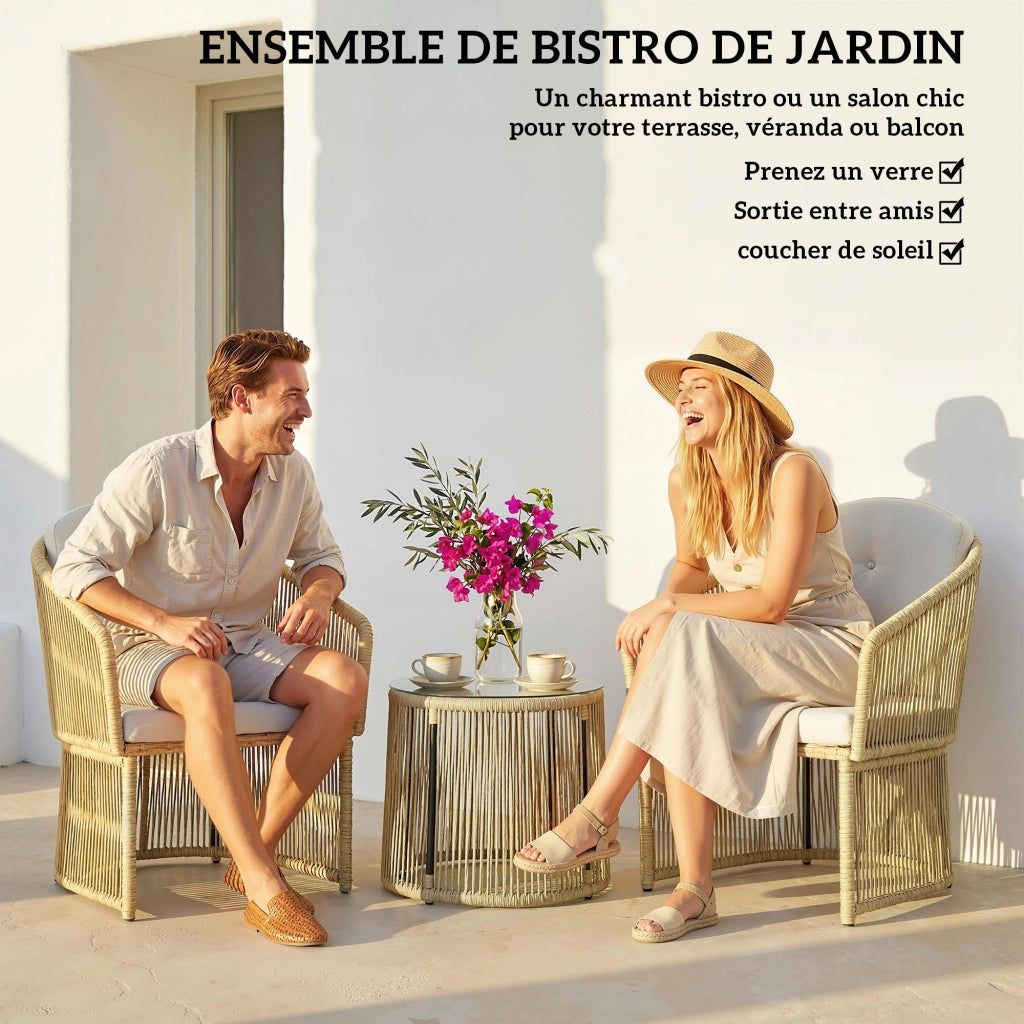 Set Giardino Esterno 2 Posti con Tavolo e Sedie ¨C Zephmum ¨C Resina Intrecciata, Cuscini, Colore Crema