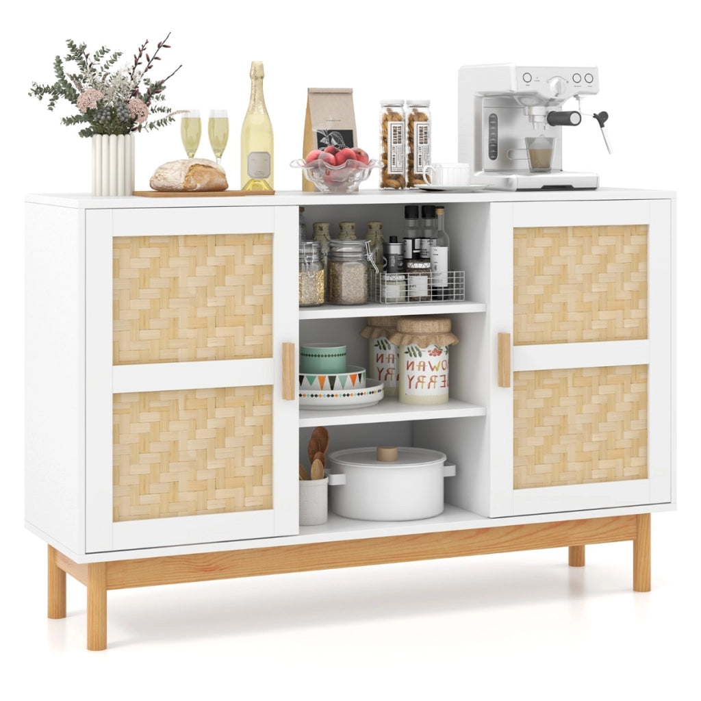 Credenza buffet-Armadio da cucina cabinet da 120cm, Armadio da pavimento con 2 porte intrecciate in bamb¨´ 3 ripiani aperti Bianco