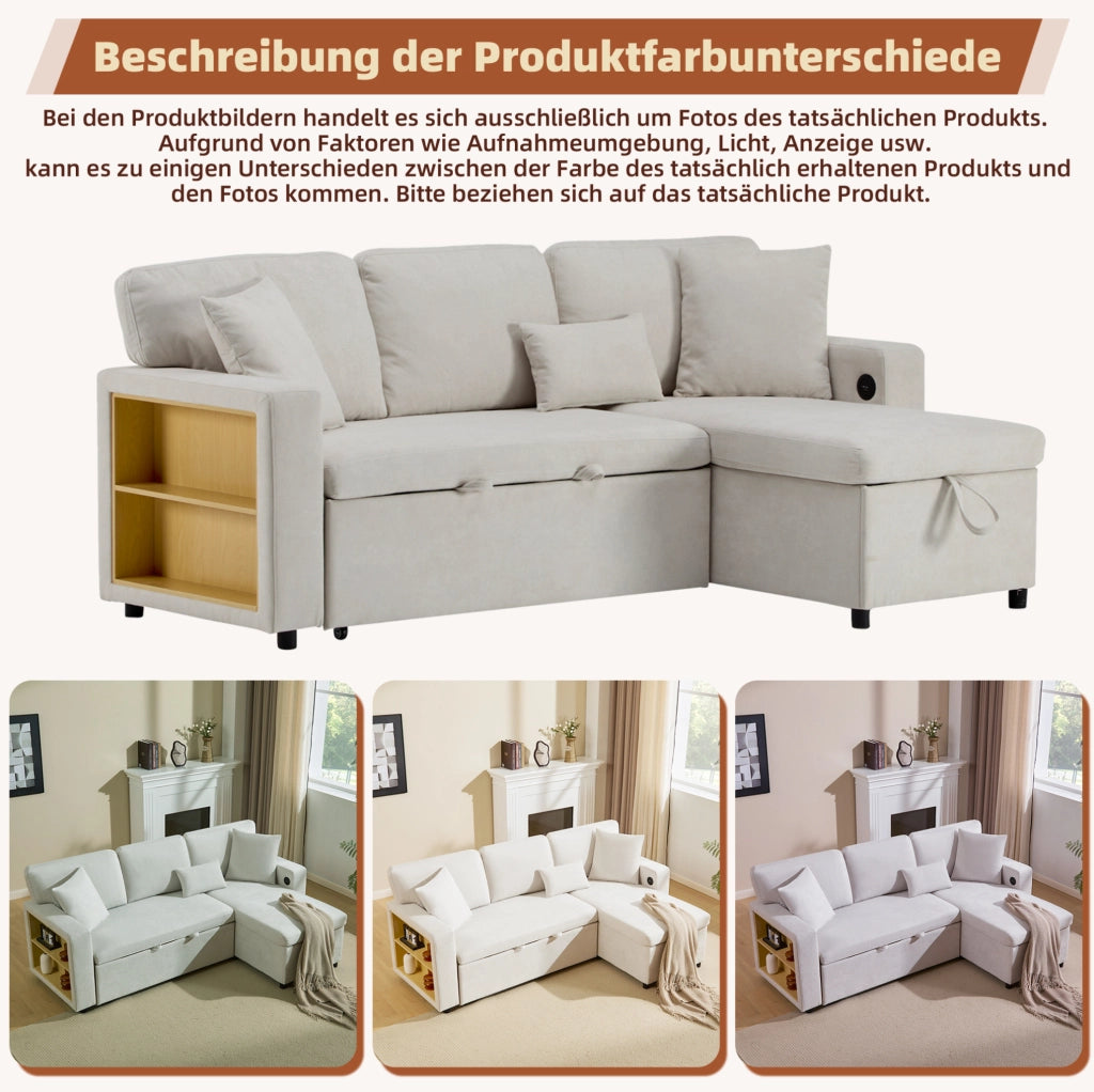 Divano letto angolare beige con USB, contenitore e 3 cuscini
