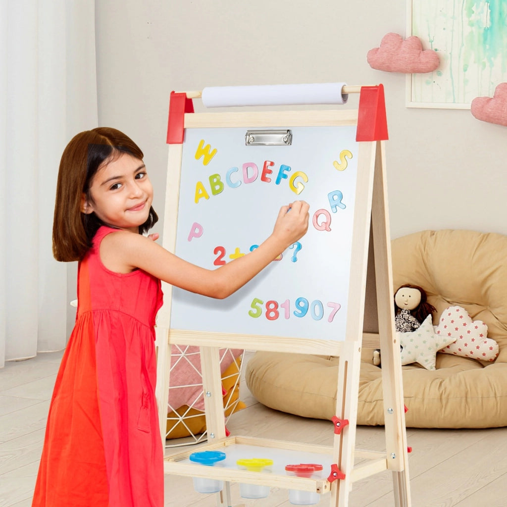 Cavalletto per bambini regolabile in altezza in legno, Cavalletto a doppio lato con rotolo di carta sostituibile-Cavalletti e lavagne bambini