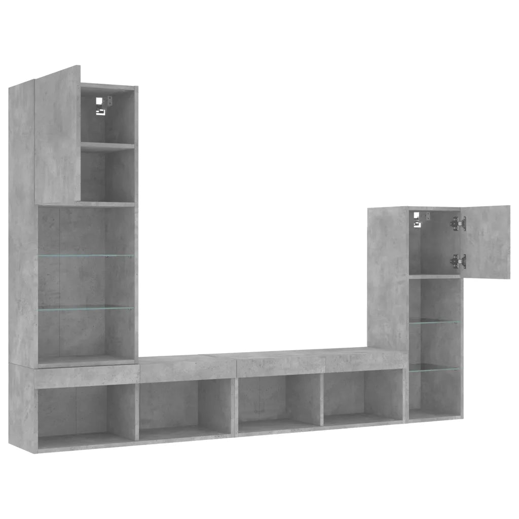 vidaXL Mobili TV a Muro con LED 4pz Grigio Cemento Legno Multistrato