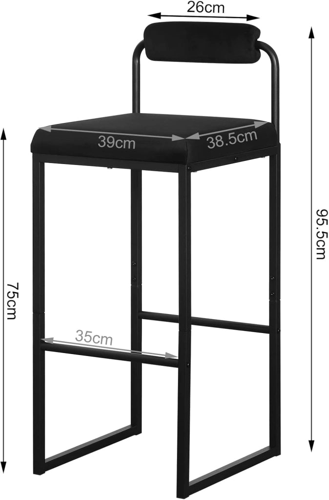 2x Sgabelli da Bar con Poggiapiedi, Sedie Alte con Schienale, Design Moderno, Sgabelli da Cucina Imbottiti in Velluto e Metallo, Nero BH343sz-2