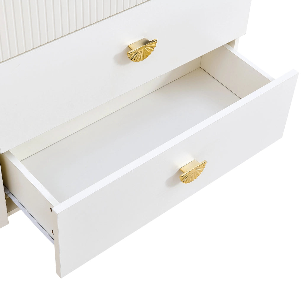 Set credenza bianca in MDF con 6 cassetti e specchio da parete 80x80 cm; dettagli dorati