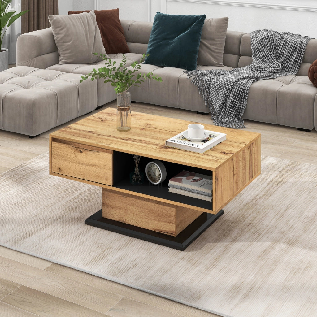 Tavolino da salotto 100x47x60 cm; doppio vano contenitore e cassetto; truciolare effetto rovere; naturale