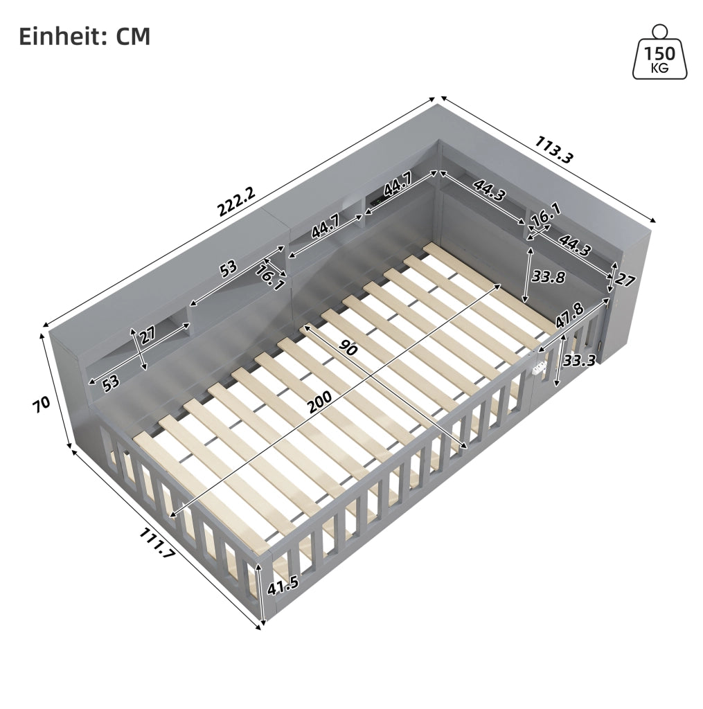Letto a giorno con sponda; prese e USB 90x200 cm; grigio