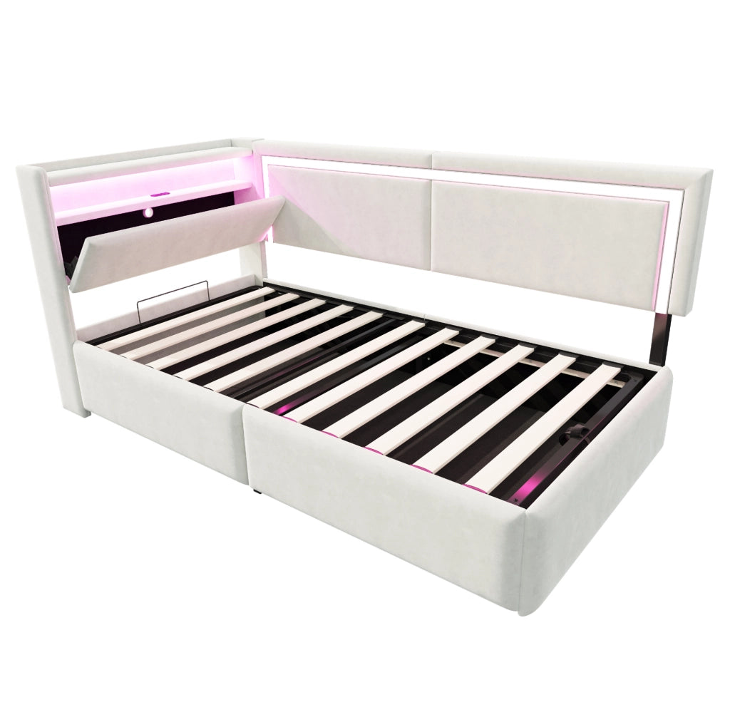 Poltrona letto multifunzione 90x200 cm in velluto beige con LED; USB e contenitore