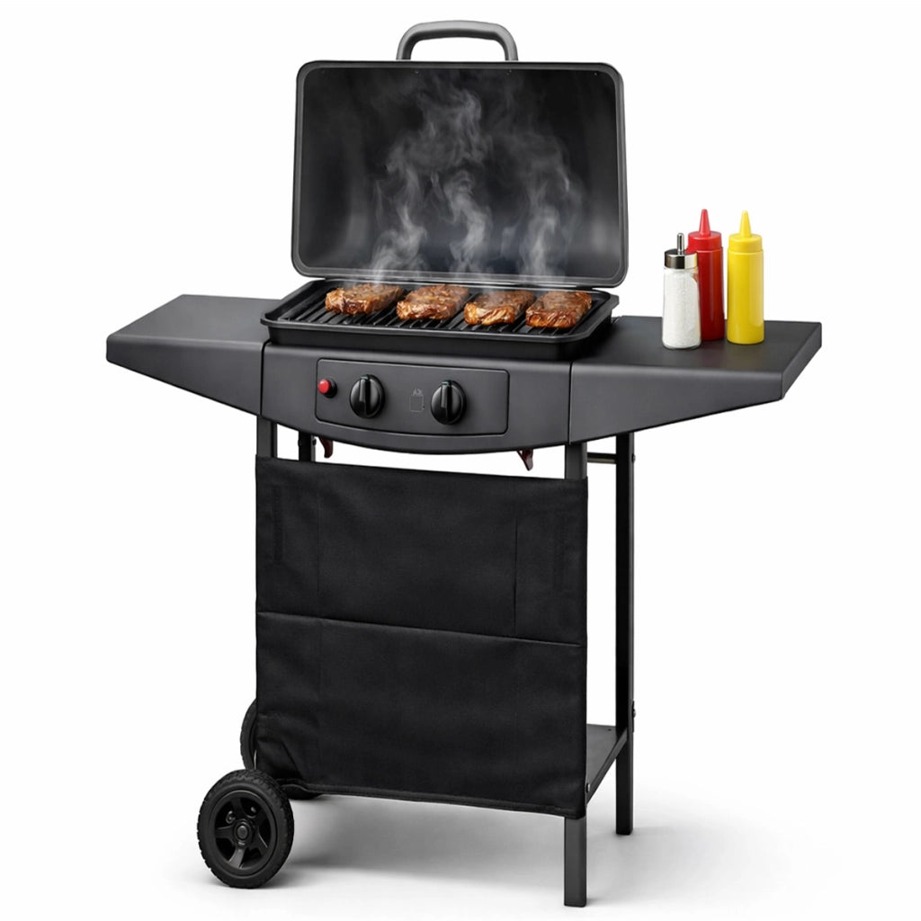 Barbecue a Gas 2 Fuochi Griglia BBQ con Piani Laterali e Ruote 5kw Giardino
