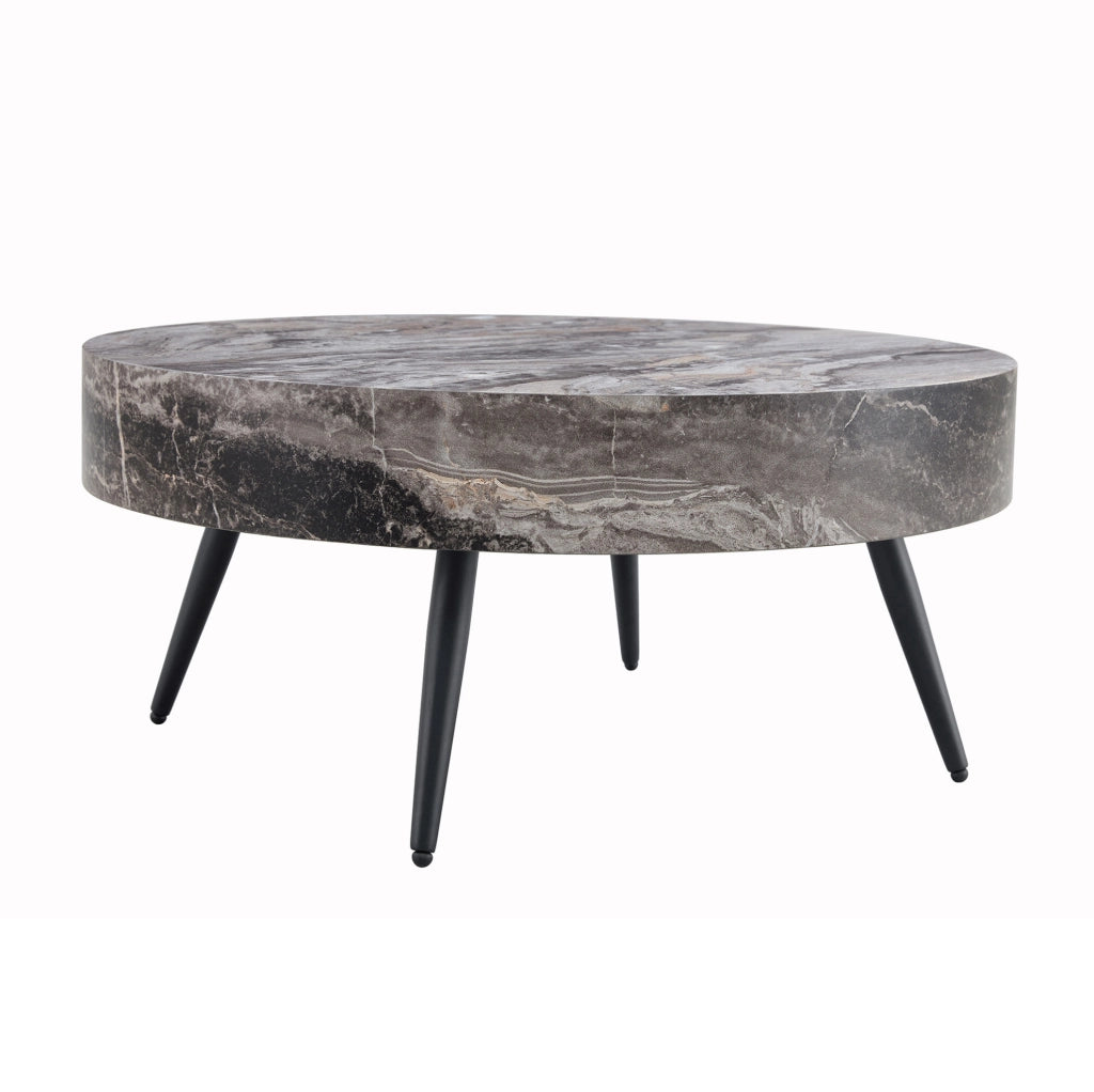 Tavolino da caffè rotondo 70 cm con piedini regolabili in MDF effetto marmo grigio e nero