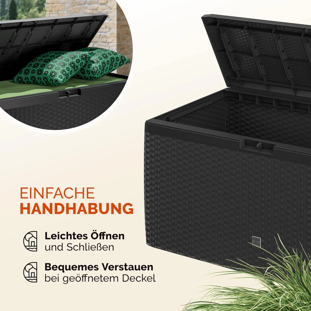 ® Baule da Giardino 117x47x60cm Aspetto Polyrattan 290L Box Multiuso Multibox Cuscini 6 Ruote Coperchio Esterno