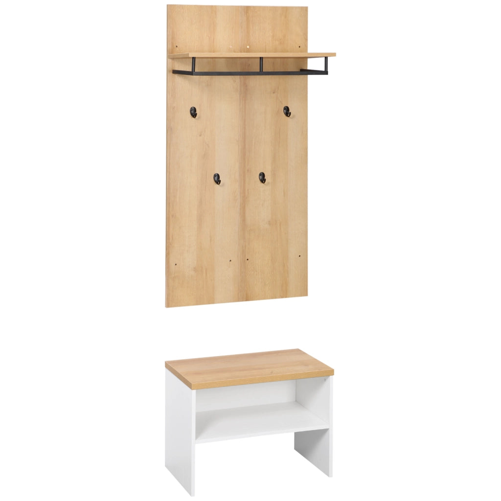 Entryway Organizer with Shoe Bench. Shoe Rack. Hall Tree with 4 Hooks. Coat Rack for Hallway. White and Natural