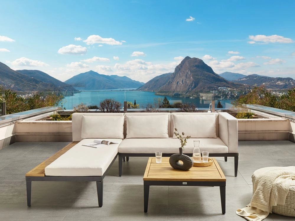 Set di divani angolari da giardino a 3 posti a destra Legno di acacia chiaro certificato Cuscini beige chiaro con tavolino da caffè