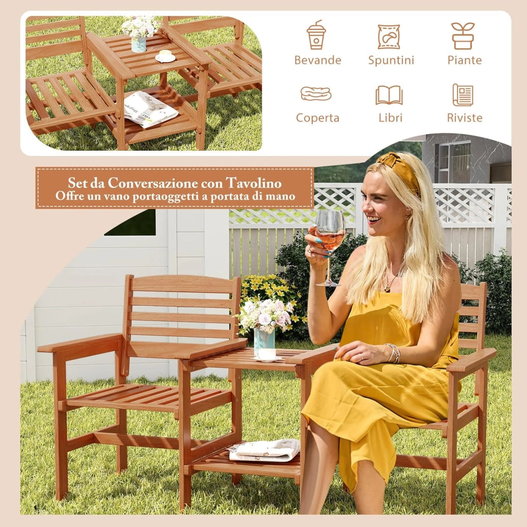 Set Tavolo e Sedie da Giardino con Foro per Ombrellone, Set di Mobili a 2 Posti in Legno, Tavolo e Sedia da Bistro, Tavolino Portata 35 kg, Sedia Portata 120 kg, per Giardino, Patio