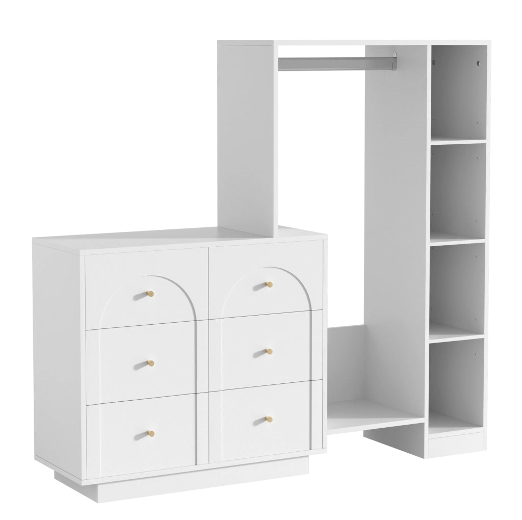 Armadio multifunzionale aperto con 6 cassetti e ripiani laterali; 139 x 35 x 133 cm; bianco