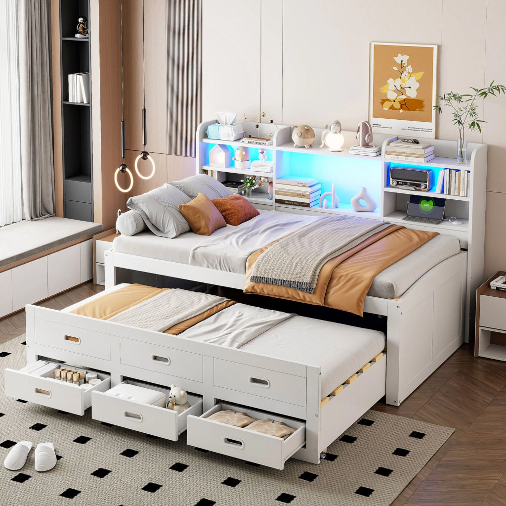Letto da giorno estraibile ULEVR 90x200 cm con LED, 3 cassetti, USB e Type-C, bianco