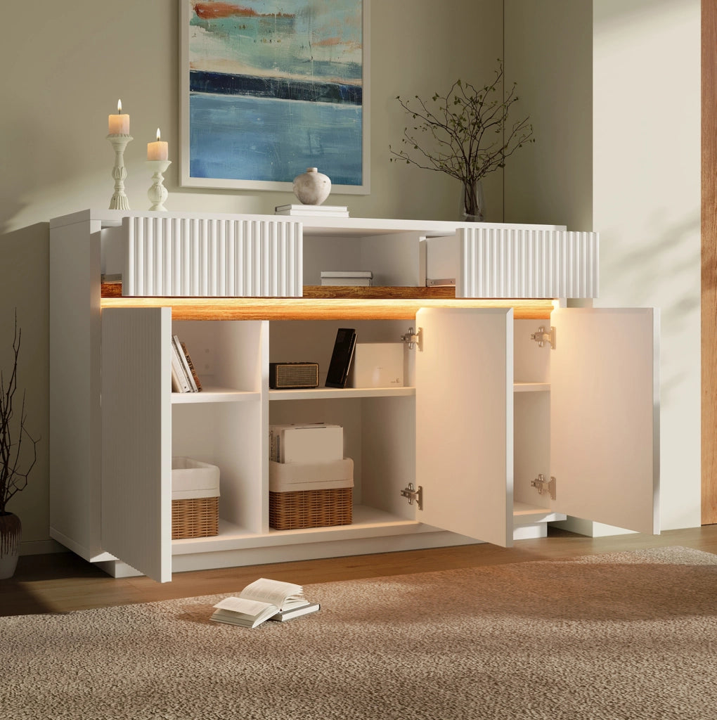 Credenza bianca con illuminazione LED, cassetti e ante regolabili per organizzare gli ambienti