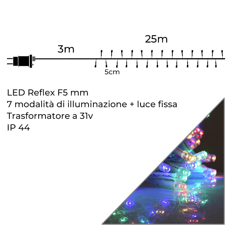 CATENA LUMINOSA LED 500 LUCI MULTICOLORE 25M CON CONTROLLER 8 FUNZIONI DI ILLUMINAZIONE CAVO TRASPARENTE IDEALE PER ESTERNO IP44