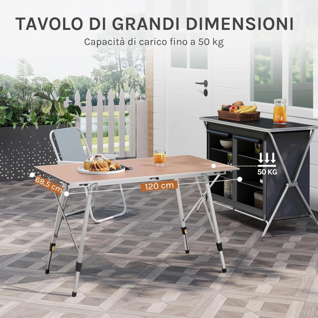 Tavolo da Campeggio Pieghevole Portatile in Alluminio per Picnic Giardino Altezza Regolabile 120x68,5x59/78,5 cm Argento