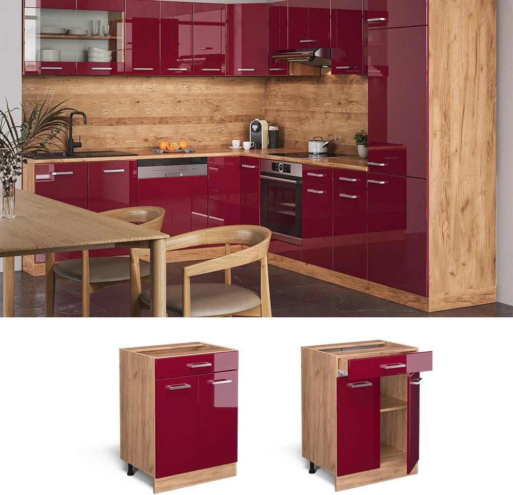 Mobiletto base per cucina R-Line, Rosso lucido, 60 cm con cassetto, senza piano di lavoro, per la libera combinazione all'interno di sistemi cucina modulari