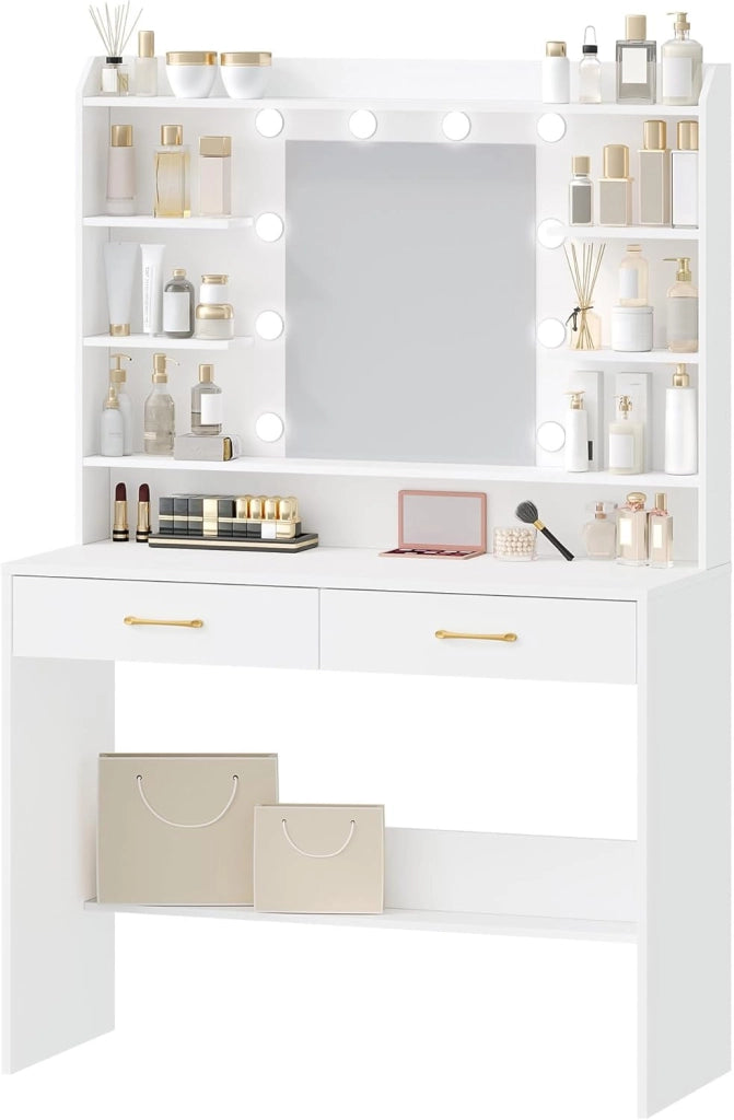 Hzuaneri 100cm Toeletta da Trucco, con specchio e luce LED, Moderno con Specchio, Postazione Make-up con Mensole Aperte e 2 Cassetti, per camera da letto, soggiorno, 40 x 100 x 149 cm, Bianco DT38703X