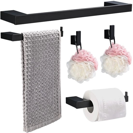 Set di accessori da bagno in alluminio, 5 pezzi, 40 cm, set di accessori da bagno con attacco alla parete, installazione a gancio per bagno e cucina, nero
