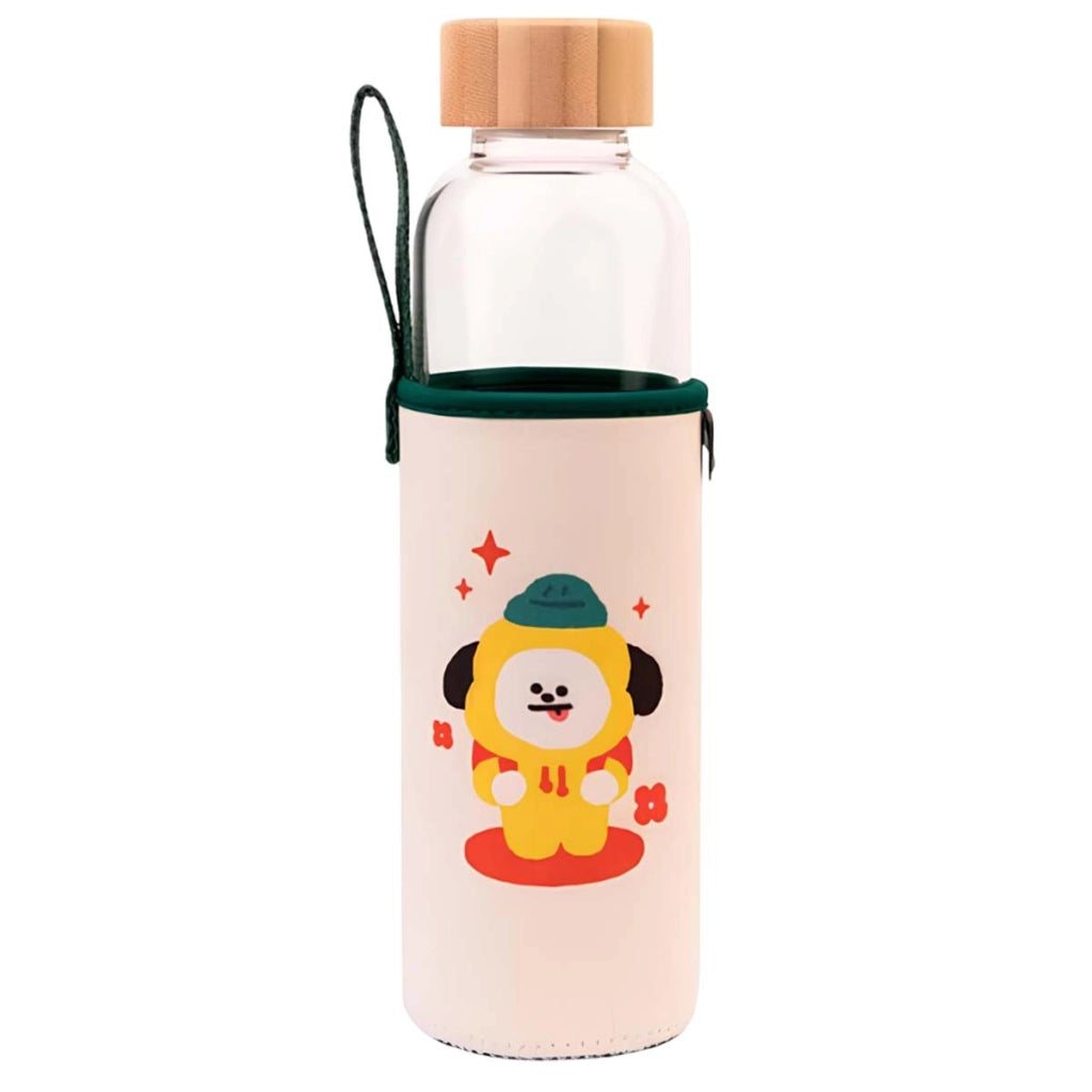 Borraccia in vetro riutilizzabile da 500 ml con motivo CHIMMY e custodia Bianco / Verde Line Friends BT21