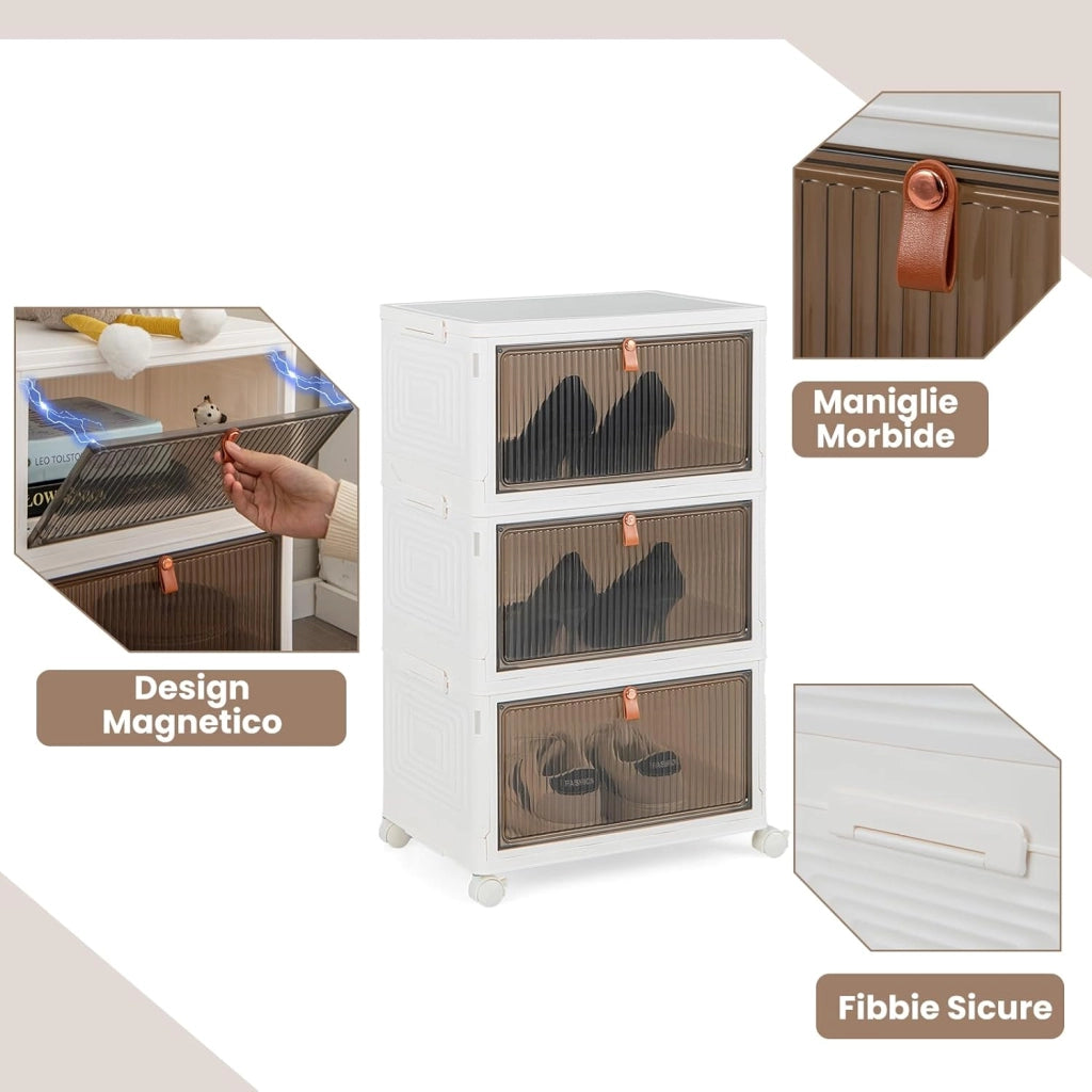 Scarpiera Pieghevole a 3/4/6 Piani, Mobile Multiuso Impilabile con Porte Trasparenti Magnetiche e Ruote Piroettanti Bloccabili, Contenitore con Coperchio per Cibi Giocattoli Abiti (3 Piani)