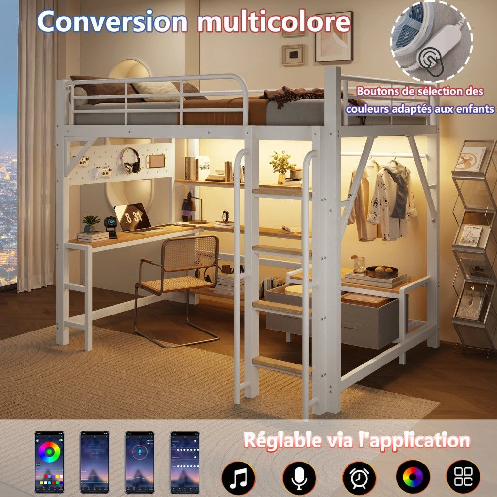 Letto a soppalco in metallo con scrivania, LED e USB, 140x200 cm, bianco
