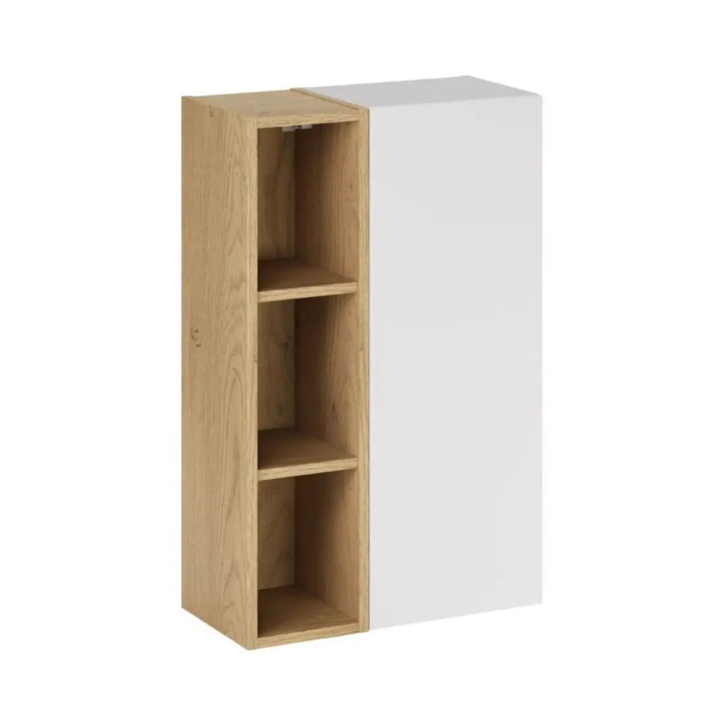 Mobile contenitore OSTER 50cm – mobile sospeso bianco opaco 1 anta e 3 nicchie visibili effetto rovere chiaro