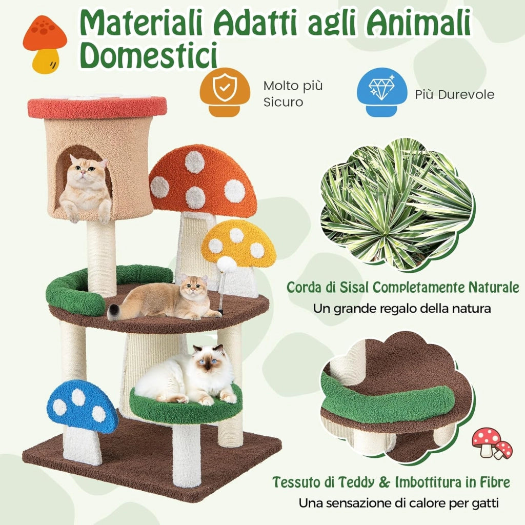 Albero per Gatti a Fungo 4-in-1, Torre Multi-Livello per Gatti con Condo, Piattaforma e Palla a Molla, Centro Attività per Gattini con Pali in Sisal e Tiragraffi