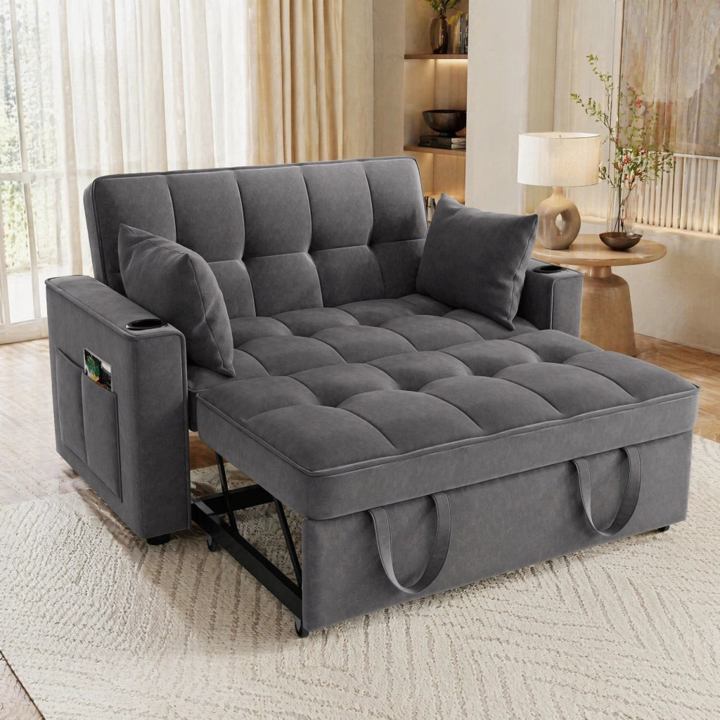 Divano letto 3 in 1 in velluto grigio 137x76;5x83 cm; con 2 cuscini e portabicchieri