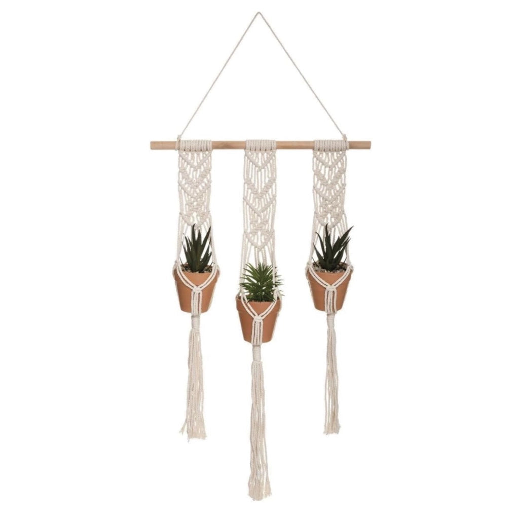 Sospensione in cotone con 3 piante artificiali e vasi in terracotta h 68 cm