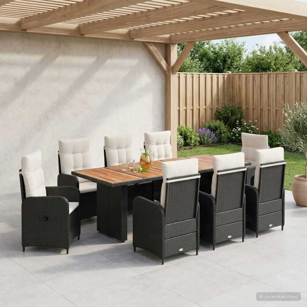 Set da pranzo per esterni 9 pz Nero e Bianco Crema polyrattan 3422374