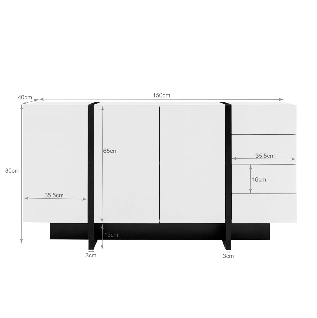 Sideboard moderno bianco lucido 150 cm con 2 ante e 4 cassetti; in MDF e truciolare; bianco nero