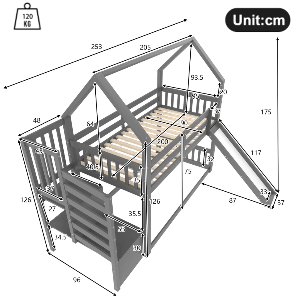 Letto a castello 90x200 cm con scivolo e vano portaoggetti in pino grigio