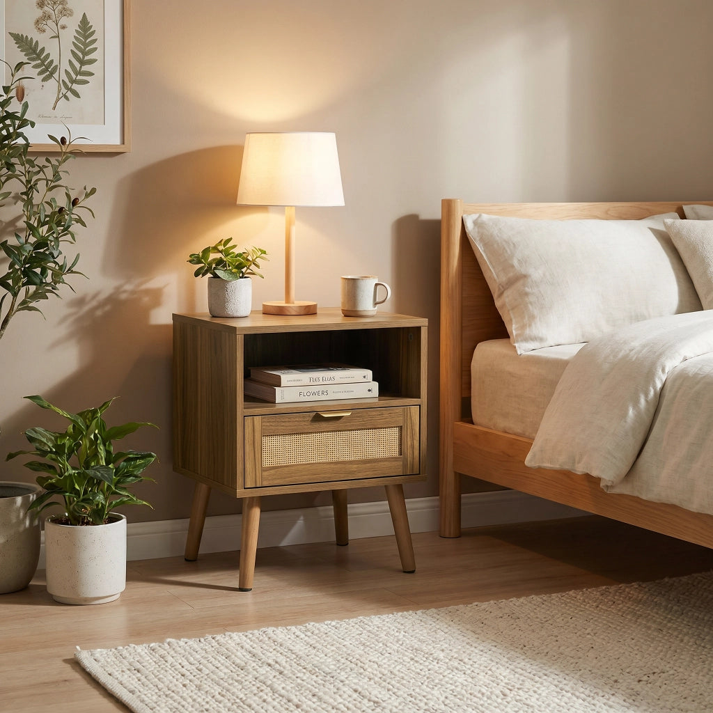 Comodino in rattan con 1 cassetto e vano aperto, stile boho, finitura noce, per camera da letto, 45 × 40 × 55 cm