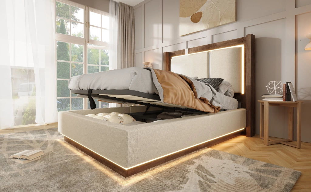 Letto matrimoniale 140 × 200 cm con LED e contenitore idraulico, senza materasso, in lino beige