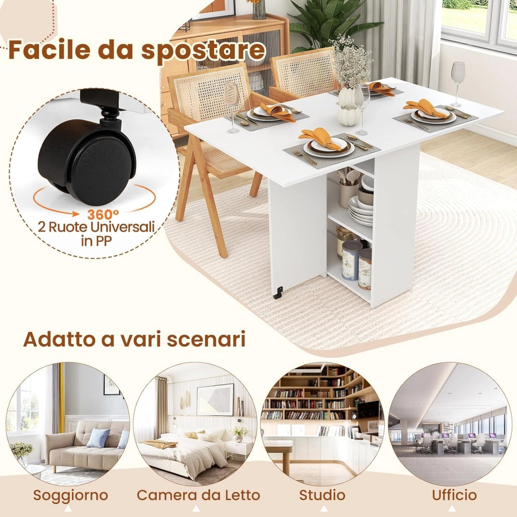 Tavolo da Pranzo Pieghevole, Tavolo Salvaspazio per 4-6 Persone con 2 Ripiani, Cassetto e Ruote a Freno, Tavolino Cucina per Soggiorno, Cucina e Ufficio (Bianco, 34-120 x 72 x 75 cm)