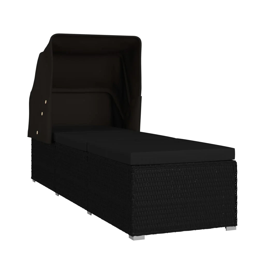 Lettino prendisole sedia a sdraio lettino prendisole letto da giardino mobili da esterno per patio con baldacchino e cuscino resina intrecciata nera 02_0012275