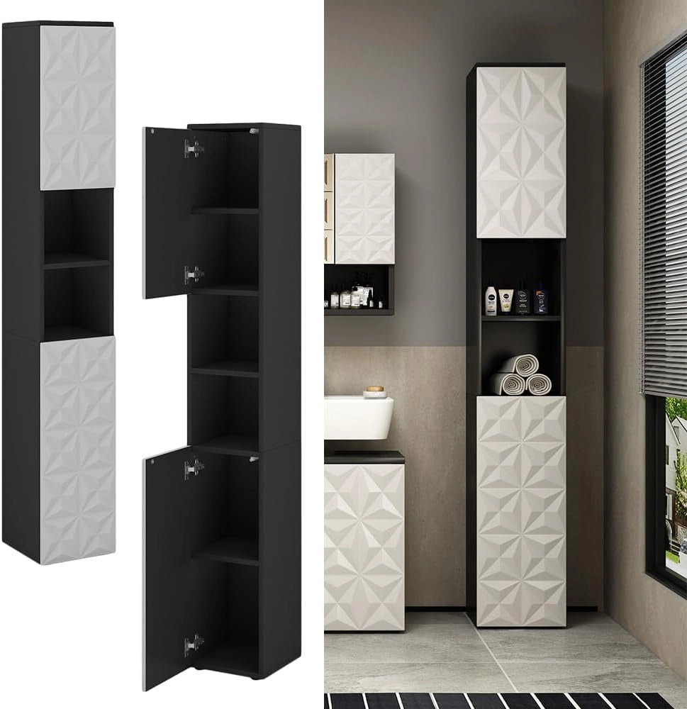 Armadio per il bagno Edge, Nero, 30 x 189.5 cm con 2 ante e 3 scomparti, per la conservazione in bagno con meccanismo push-to-open