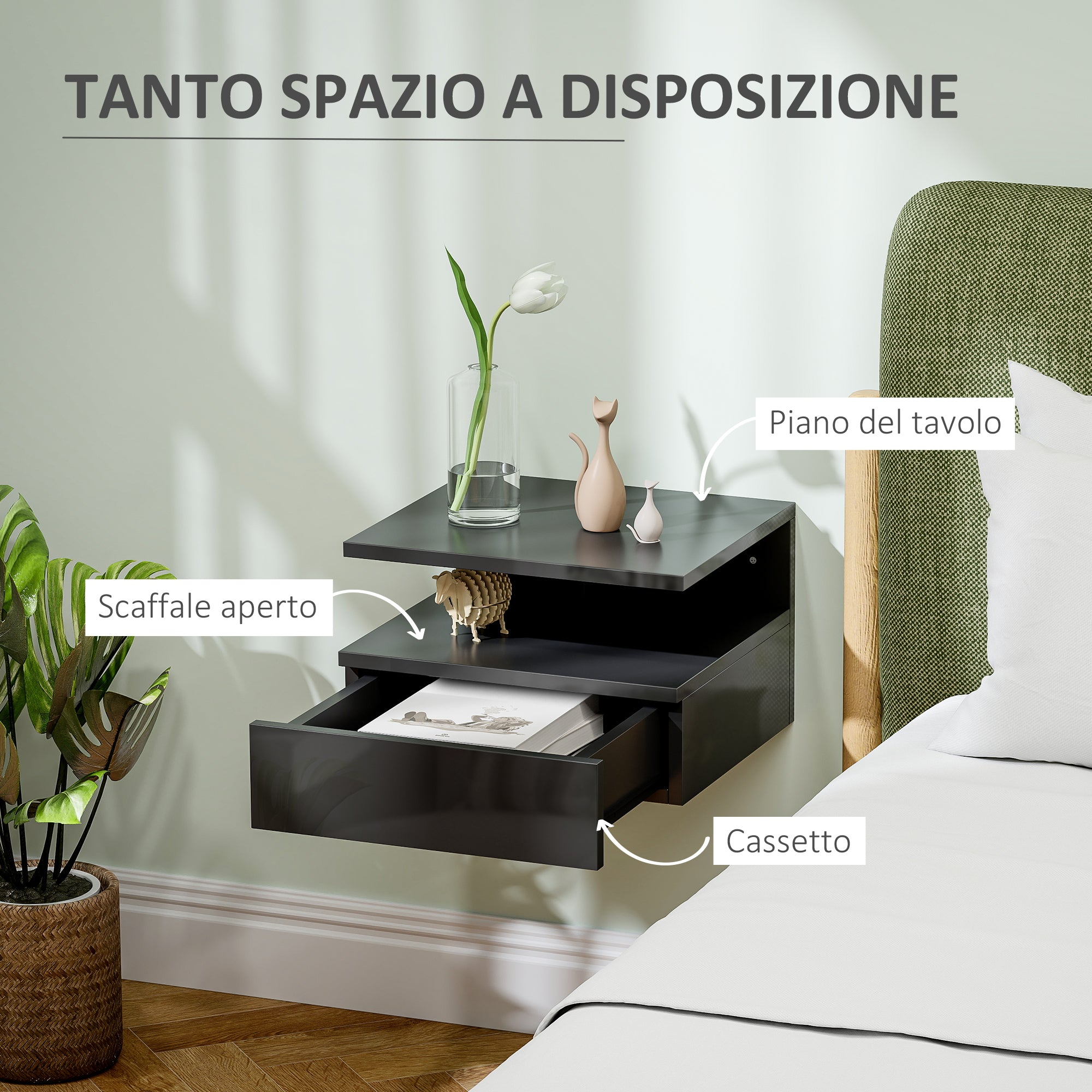 Comodino Sospeso 35x32x22,5 cm con Cassetto e Ripiano Aperto in Legno Nero Lucido