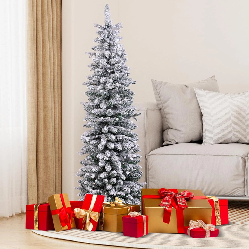 Albero di Natale Slim Pre-illuminato 150/180 CM, Albero di Natale Innevato con 120/140 Luci LED Bianche Calde, 249/334 Rami e 8 Modalità di Illuminazione e Vaso (180 CM)