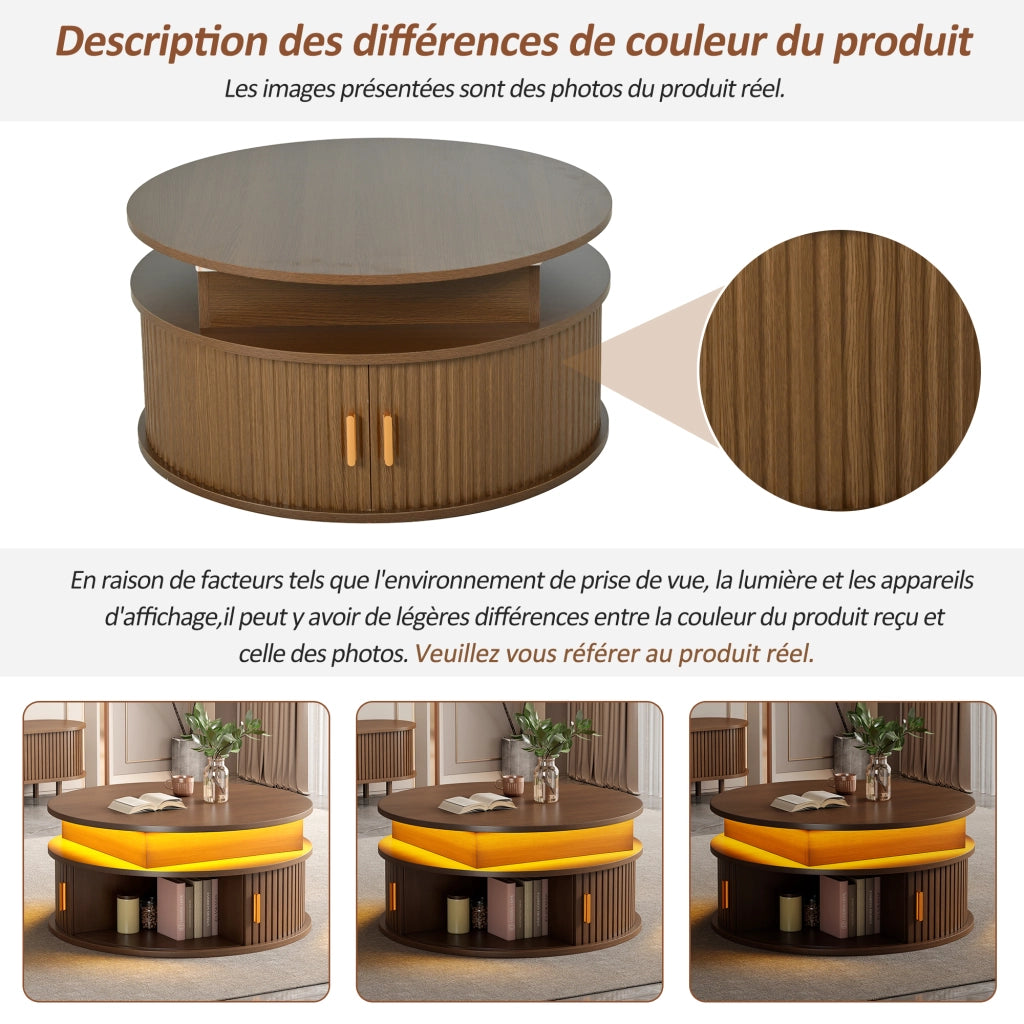 Tavolino da caffè rialzabile con LED; 2 ante a serranda e vani - per soggiorno - 75×75×52 cm - in MDF - noce