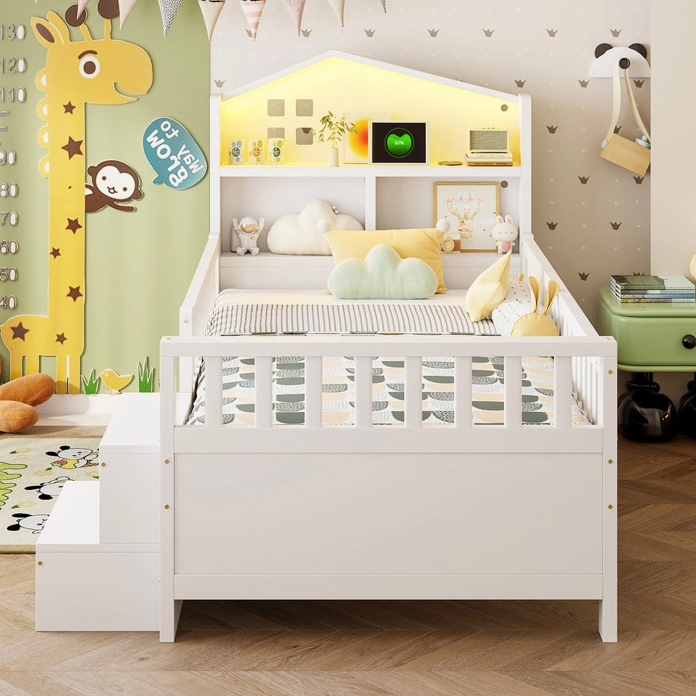 Letto Singolo Bambini 90x200 con Cassetti, LED e Rete a Doghe ¨C Xylo ¨C Massello Bianco