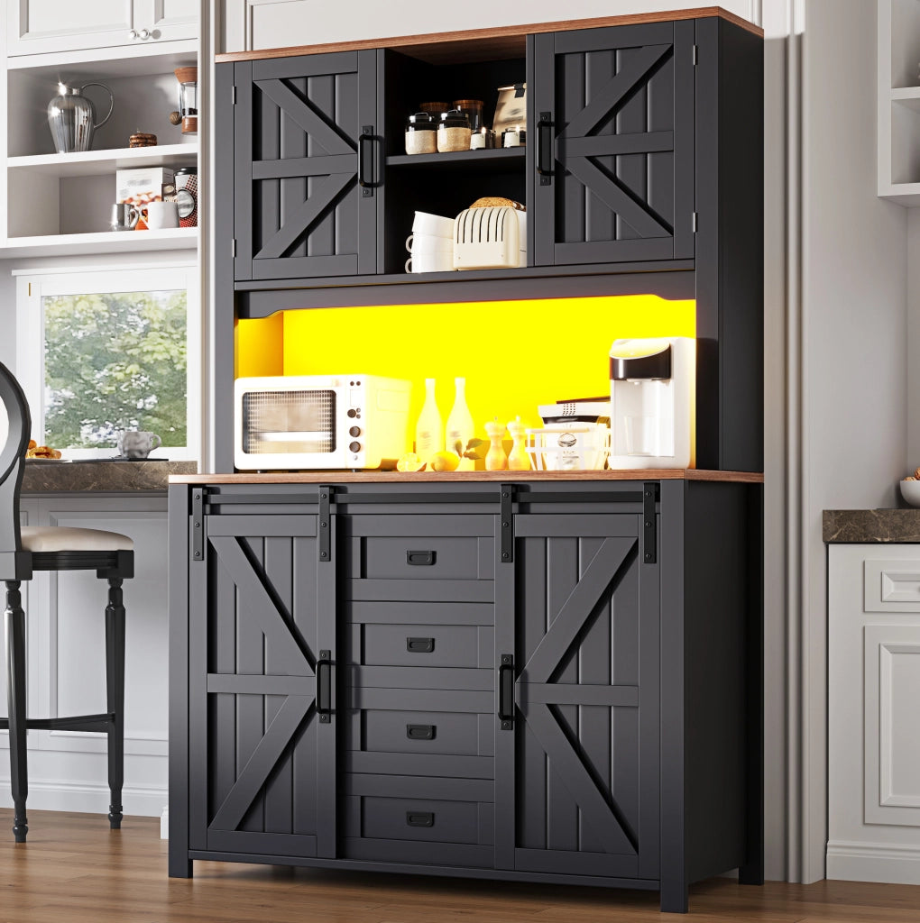 Credenza alta da cucina nera con LED e ante scorrevoli 115 cm