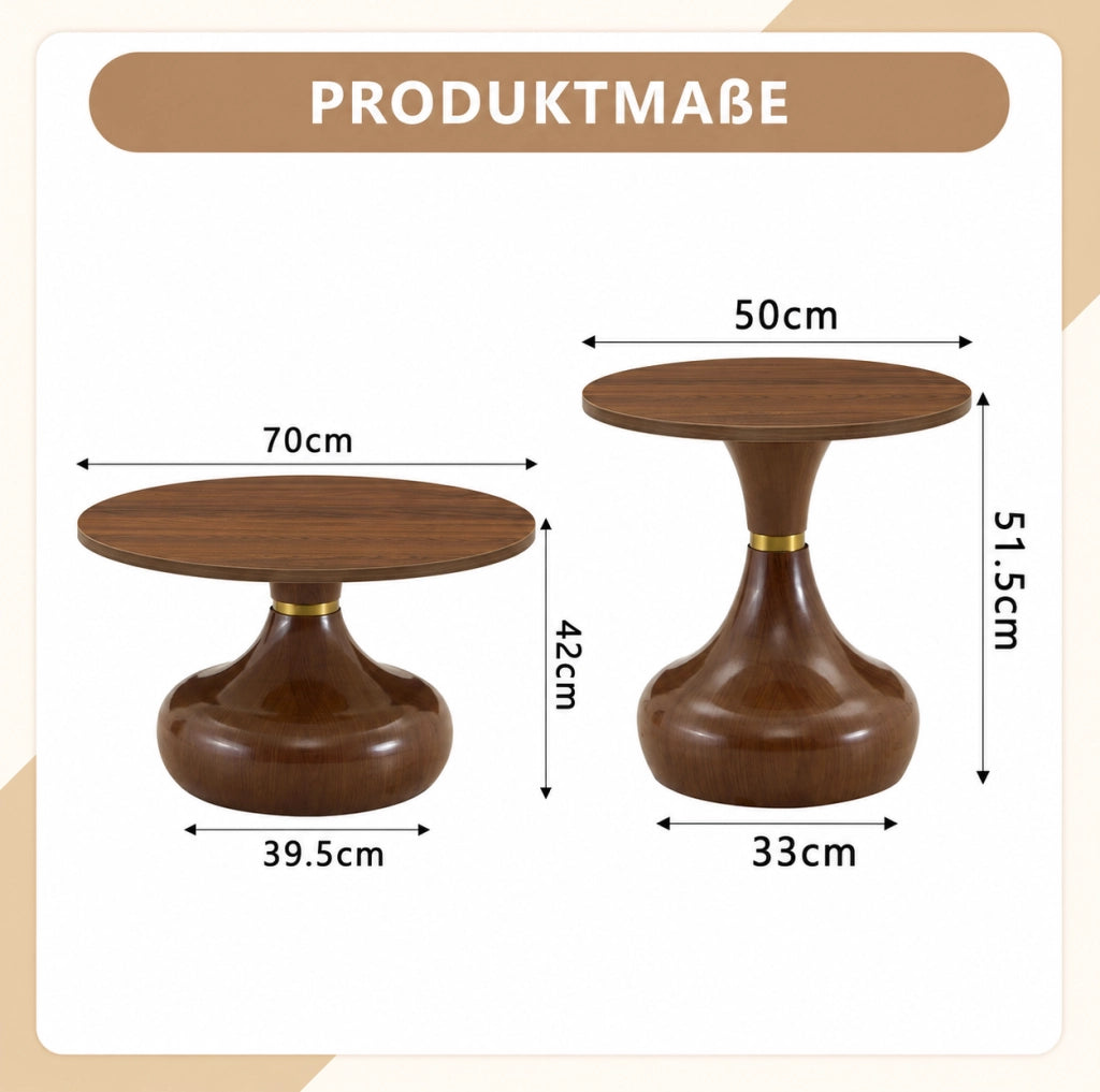 Set di 2 tavolini rotondi con base stabile; effetto noce; in MDF e metallo; colore noce