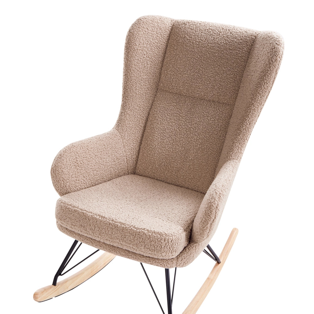 Sedia a dondolo Rivestimento in bouclé beige sporco Gambe nere in metallo con braccioli Schienale alto Soggiorno