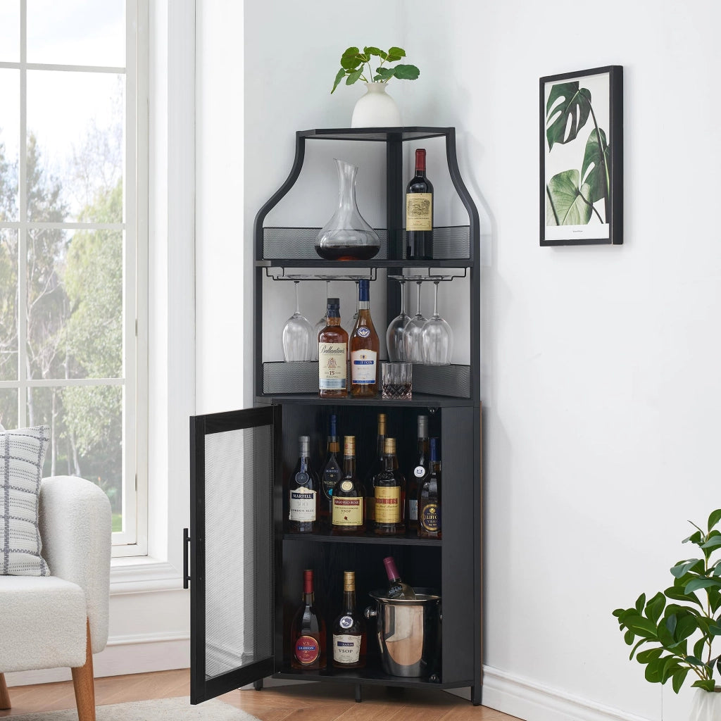 Mobile Bar Angolare Portabottiglie Nero in Metallo e MDF, 154cm