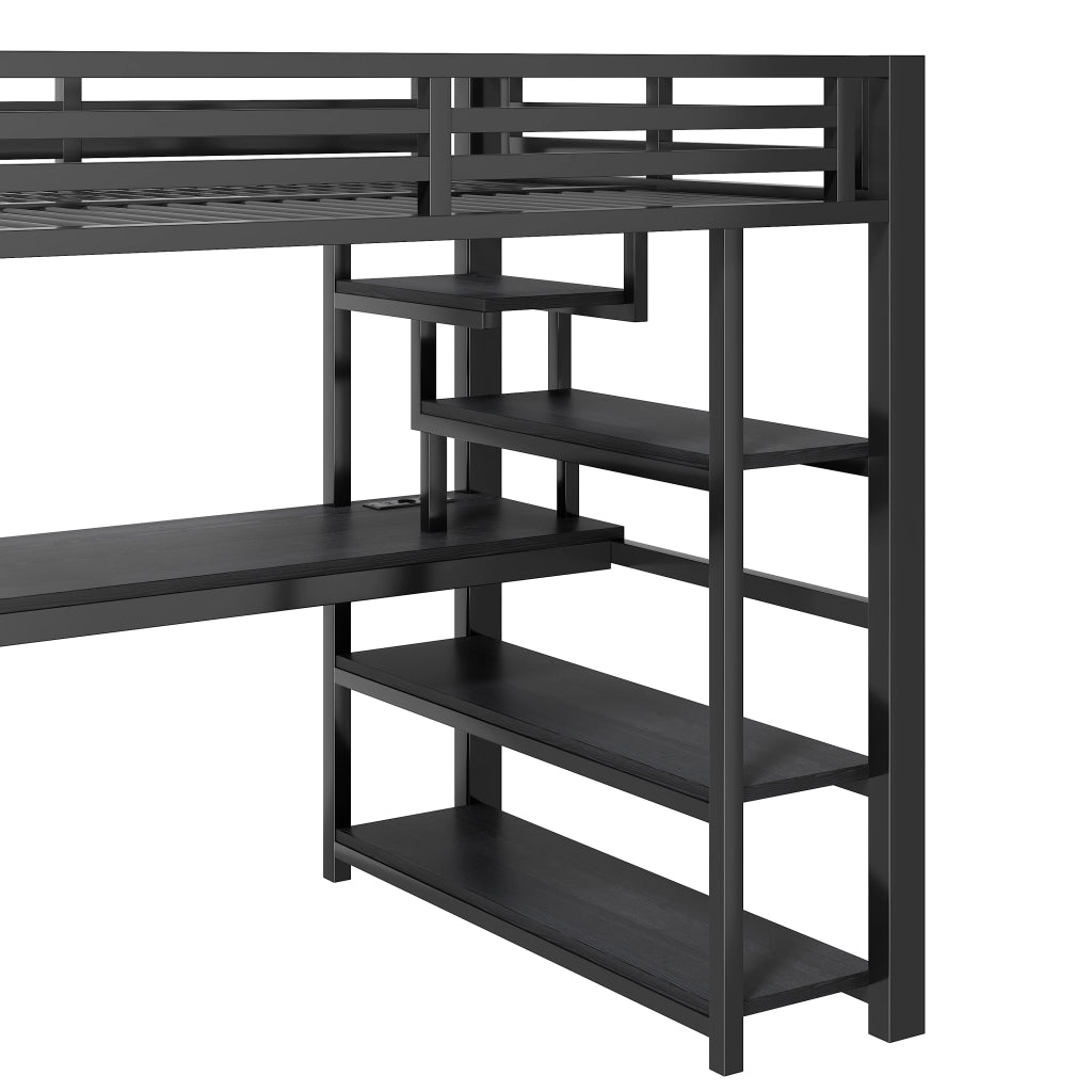 Letto a soppalco 140 × 200 cm con scrivania, armadio aperto, scale contenitore e LED regolabile, senza materasso, in metallo e MDF, nero