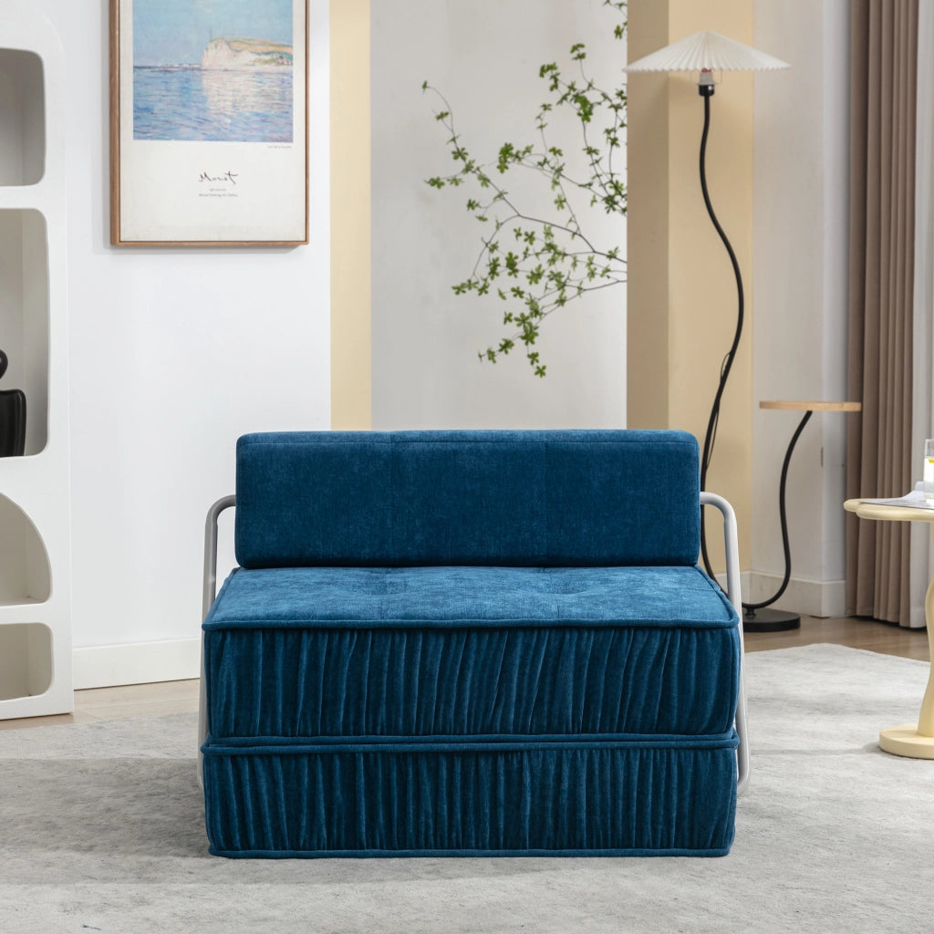 Divano letto modulare pieghevole 2 posti con funzione letto e cuscino schienale removibile in ciniglia blu