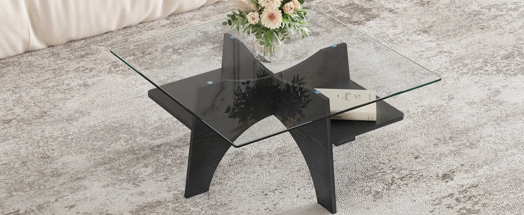 TAVOLINO quadrato 80x80 cm in vetro di sicurezza e MDF nero